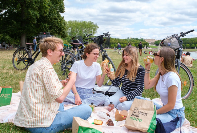 picnic bike park castillo palacio de versalles cesta de almuerzo sandwich positi