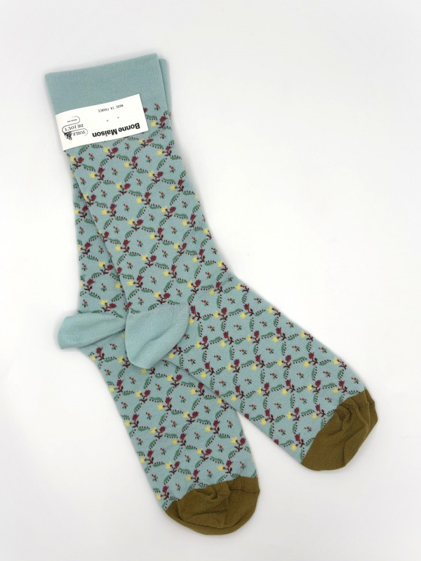 Chausettes Toile de Jouy - Trellis Fleuri - Aqua, souvenir, cadeau 