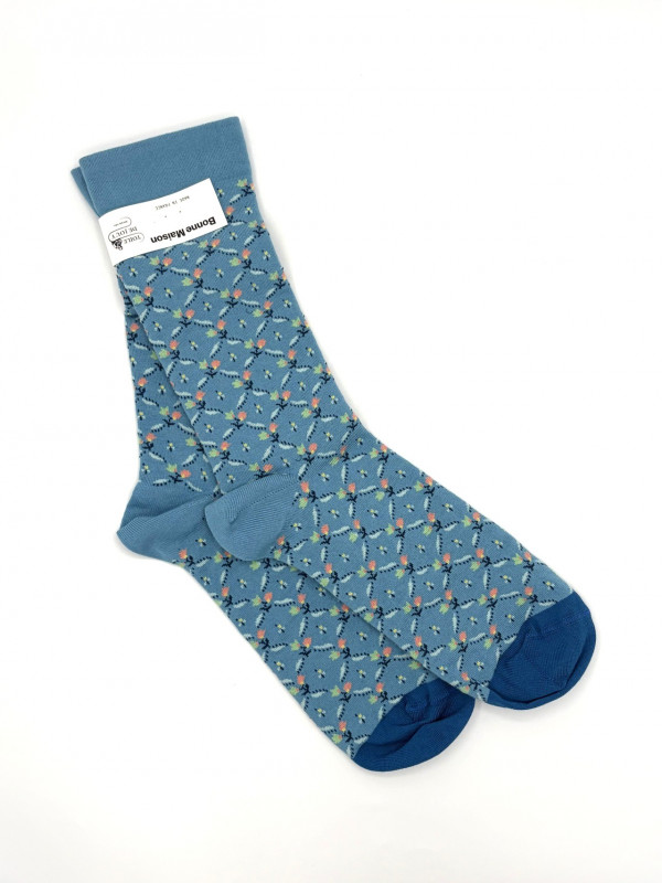 Chausettes Toile de Jouy - Trellis Fleuri - Bleu Lavé, cadeau, souvenir 